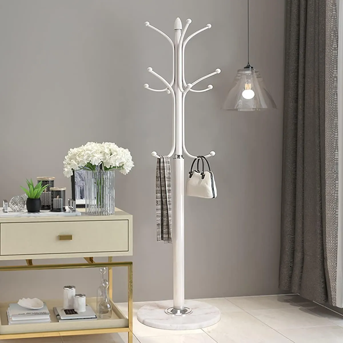 Kertnic Metal Coat Rack Stand with Natural Marble Base, Free Standing Hall Tree with 12 Hooks for Hanging Scarf, Bag, Jacket, Home Entry-way Hat Hanger Organizer (White)