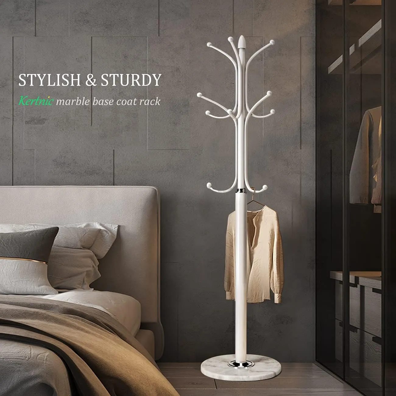 Kertnic Metal Coat Rack Stand with Natural Marble Base, Free Standing Hall Tree with 12 Hooks for Hanging Scarf, Bag, Jacket, Home Entry-way Hat Hanger Organizer (White)