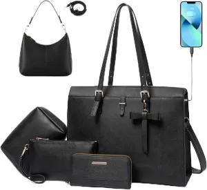Keyli 4pcs Laptop Bag for Women 15.6 inch and Shoulder Bag Soft Waterproof Leather Handbags Laptop Purse with USB Charging Port