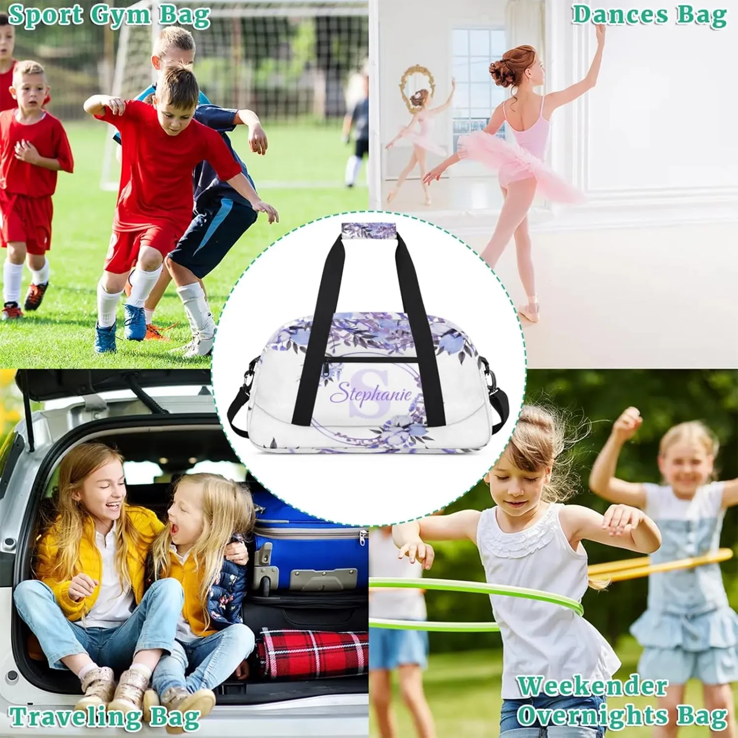 Kids Duffle Bag Personalized Gym Bag Overnight Bags, Ideal for Travel and Sports, Suitable for Men Women for Gym, Dance, Yoga, Durable Waterproof Sport Overnight Handbags Purple Floral