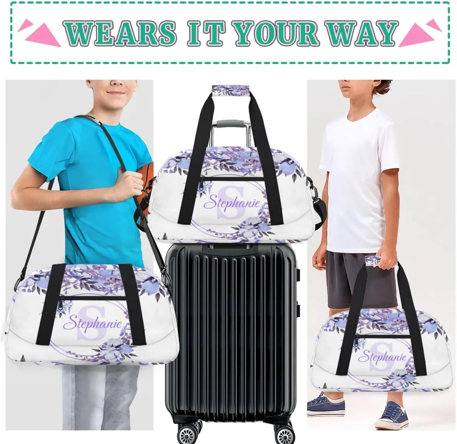 Kids Duffle Bag Personalized Gym Bag Overnight Bags, Ideal for Travel and Sports, Suitable for Men Women for Gym, Dance, Yoga, Durable Waterproof Sport Overnight Handbags Purple Floral