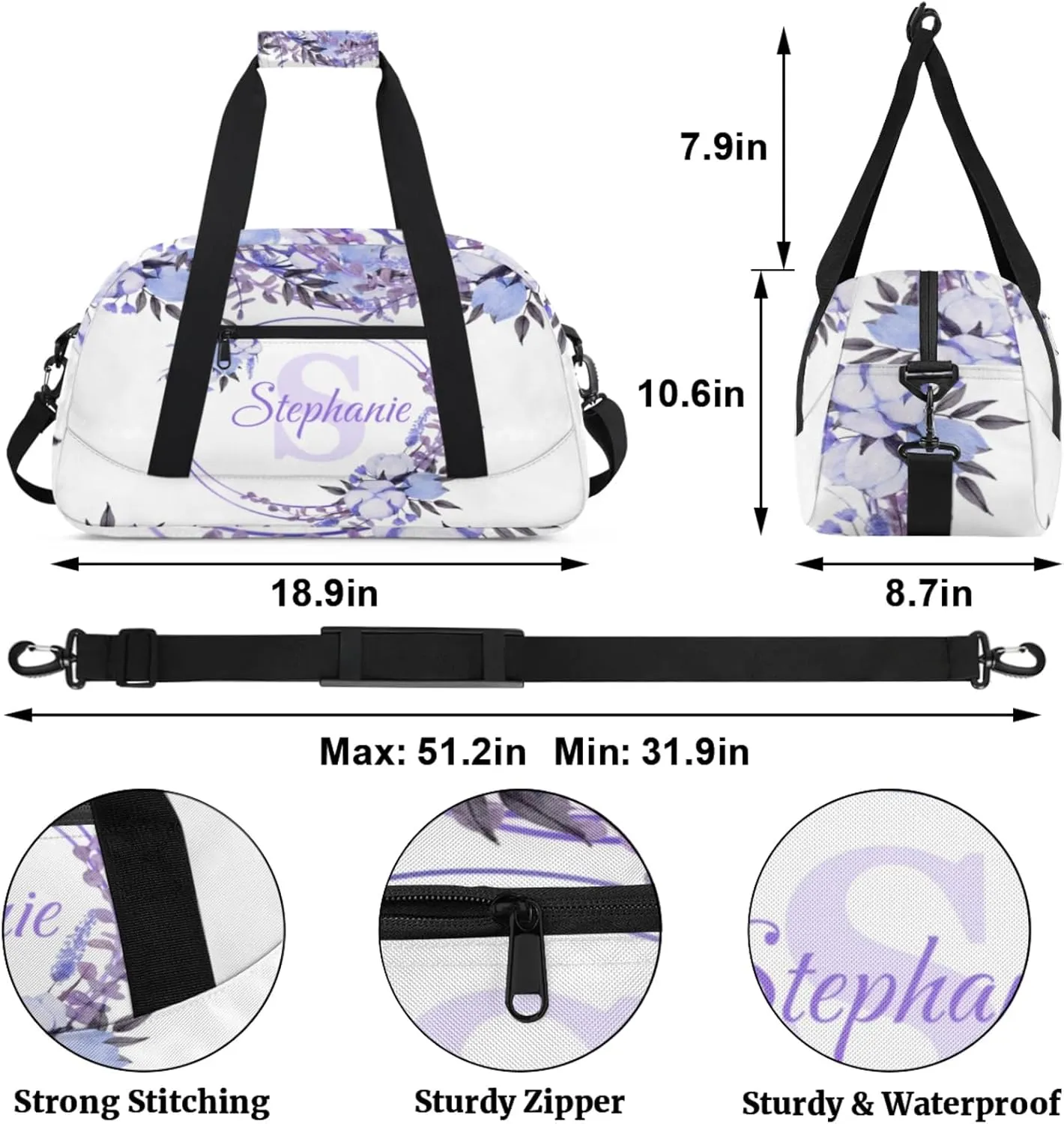 Kids Duffle Bag Personalized Gym Bag Overnight Bags, Ideal for Travel and Sports, Suitable for Men Women for Gym, Dance, Yoga, Durable Waterproof Sport Overnight Handbags Purple Floral