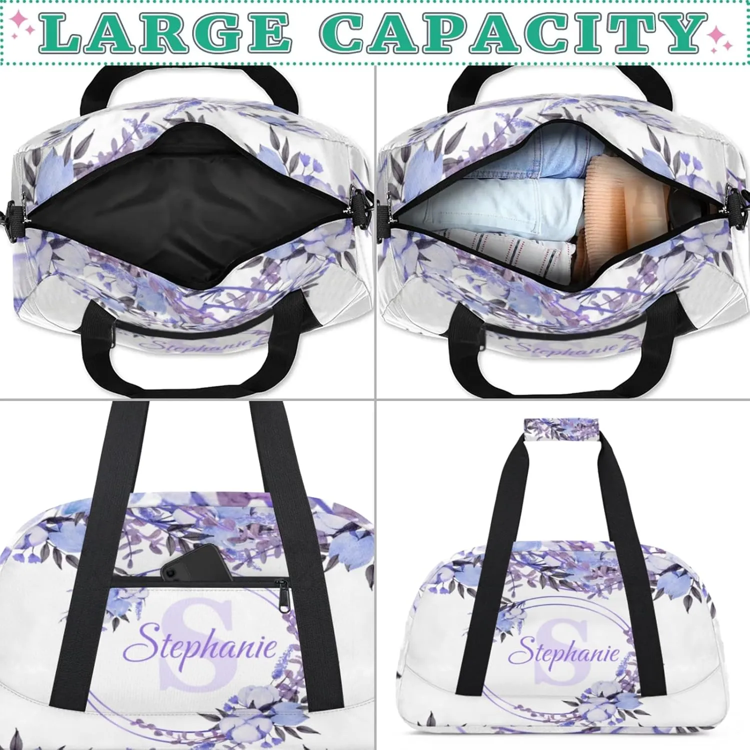 Kids Duffle Bag Personalized Gym Bag Overnight Bags, Ideal for Travel and Sports, Suitable for Men Women for Gym, Dance, Yoga, Durable Waterproof Sport Overnight Handbags Purple Floral