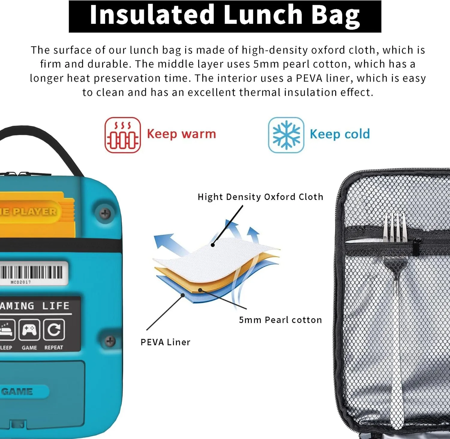 Kids Lunch Box Lunch Bag for Boys Girls, Reusable Insulated Game Lunch Boxes Gamer Tote Bag, High Capacity Leakproof Thermal Cooler Sack Food Handbags for School Work Picnic Camping Gifts
