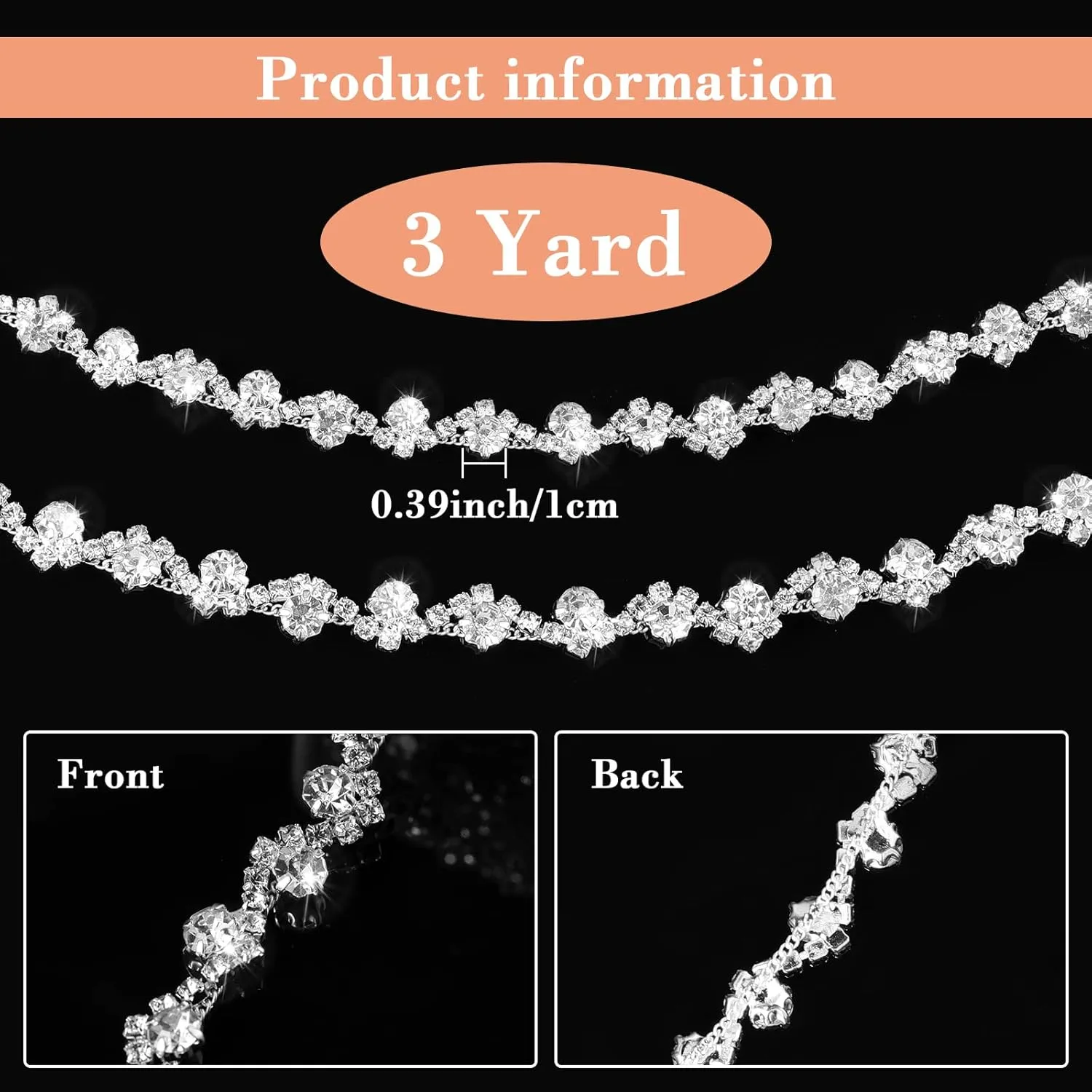 Kigeli Bling Rhinestone Trim Crystal Chain Applique Rhinestone Applique Sewing Embellishments for DIY Dress Clothing Wedding Crafts Bridal Jewelry, 0.39 Inch Wide(3 Yards,White)