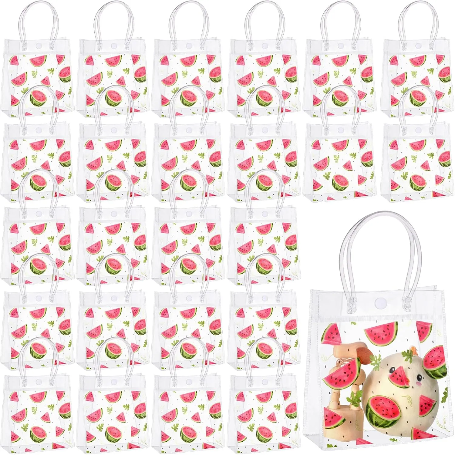 Kolldenn 24 Pcs Watermelon Party Treat Bags Plastic Clear Watermelon Gift Bags with Handles PVC Goodie Shopping Handbags for Summer Kid Birthday Baby Shower Wedding Party Decor, 5.9 x 6.3 x 2.7 Inches