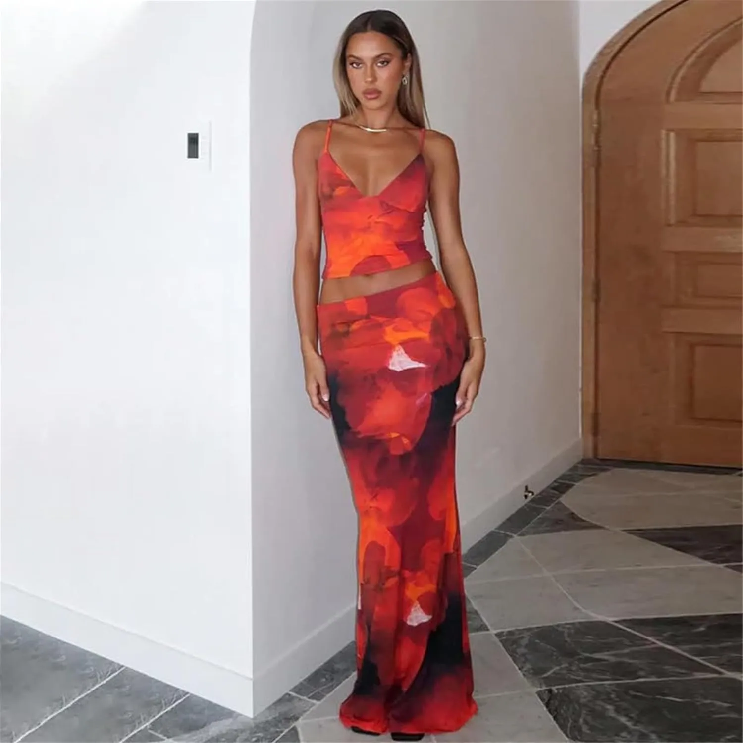 ksotutm Maxi Skirt Set Floral Print Halter Top Maxi Skirt Sexy Going Out Outfits for Women