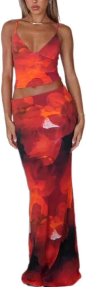 ksotutm Maxi Skirt Set Floral Print Halter Top Maxi Skirt Sexy Going Out Outfits for Women