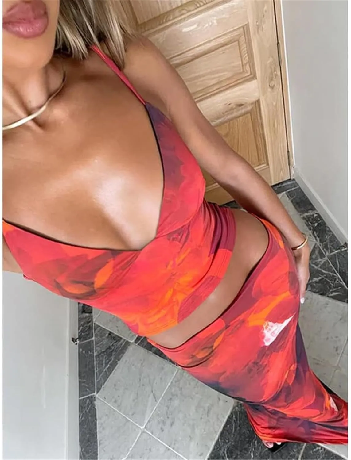 ksotutm Maxi Skirt Set Floral Print Halter Top Maxi Skirt Sexy Going Out Outfits for Women