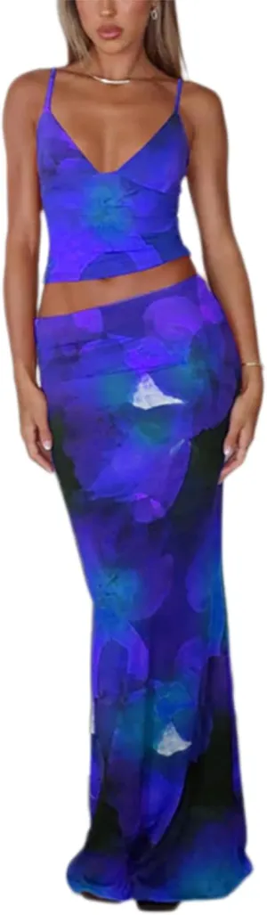 ksotutm Maxi Skirt Set Floral Print Halter Top Maxi Skirt Sexy Going Out Outfits for Women