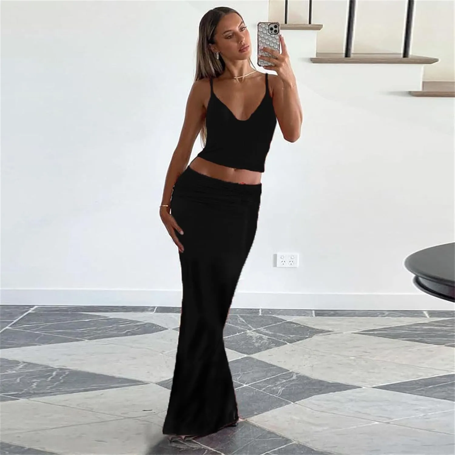 ksotutm Maxi Skirt Set Floral Print Halter Top Maxi Skirt Sexy Going Out Outfits for Women