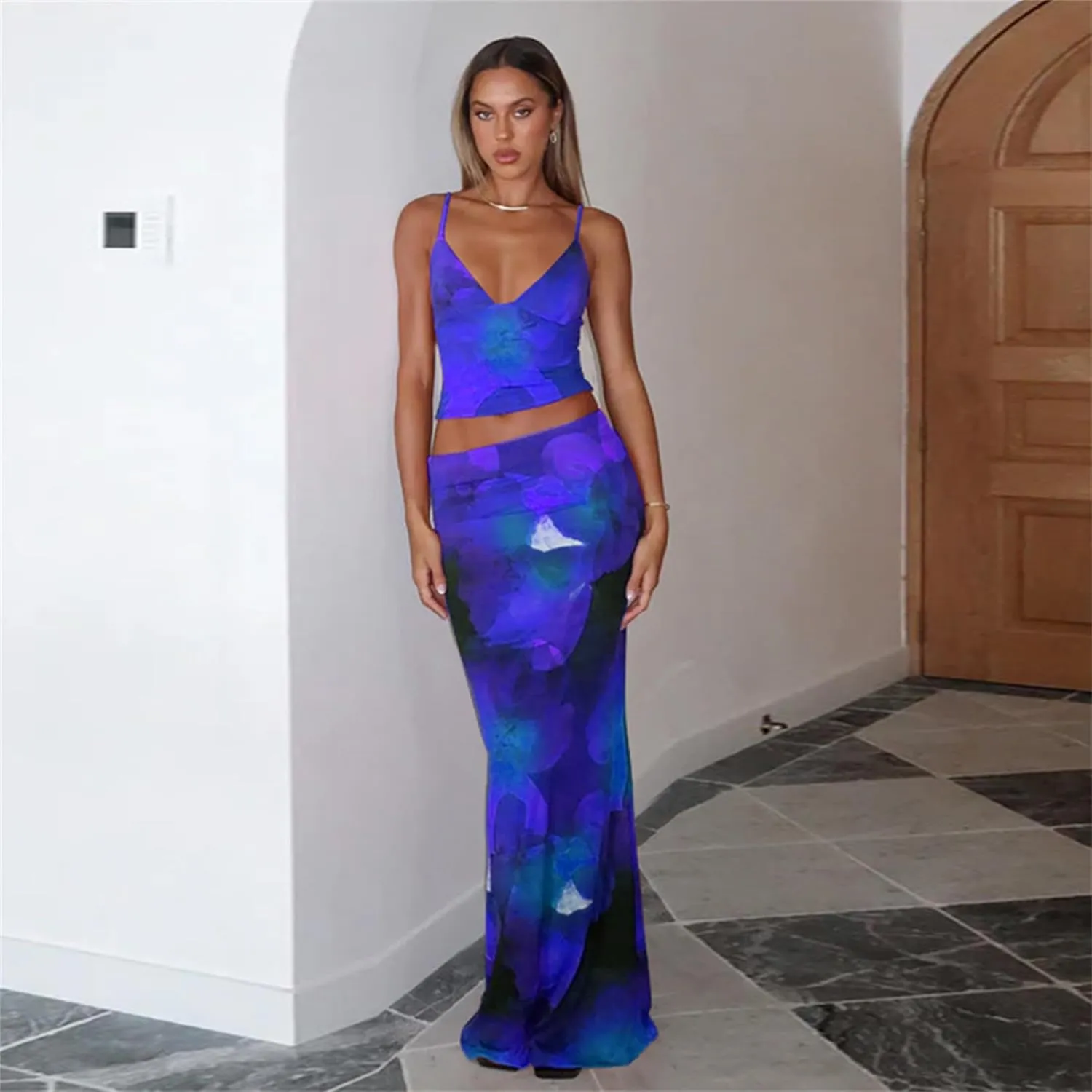 ksotutm Maxi Skirt Set Floral Print Halter Top Maxi Skirt Sexy Going Out Outfits for Women