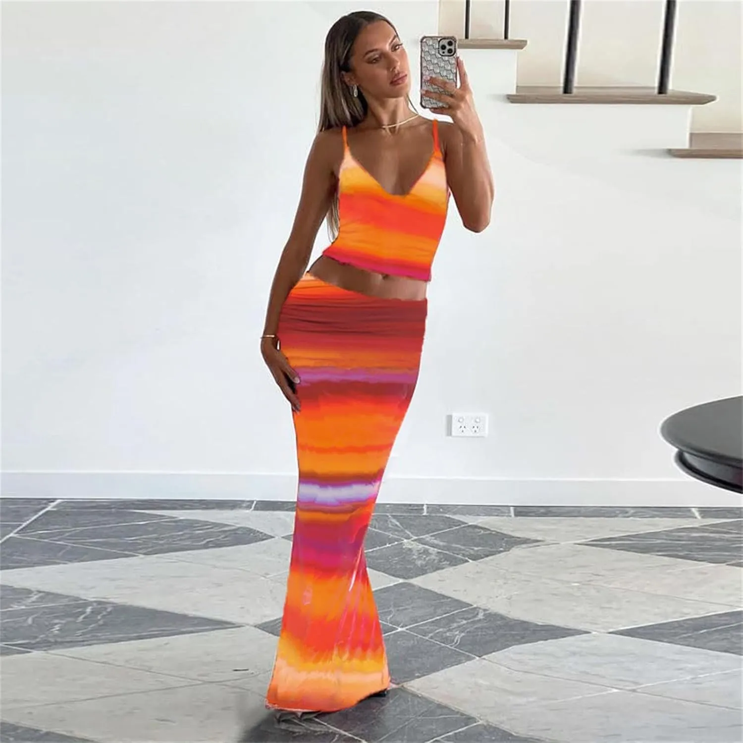 ksotutm Maxi Skirt Set Floral Print Halter Top Maxi Skirt Sexy Going Out Outfits for Women