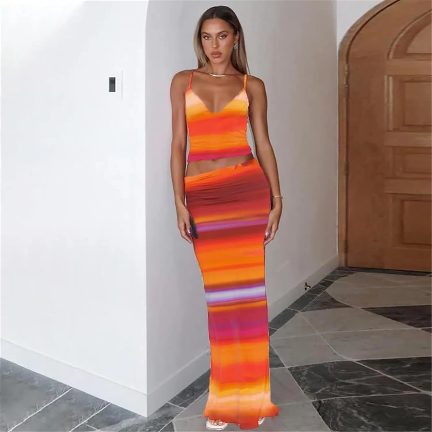 ksotutm Maxi Skirt Set Floral Print Halter Top Maxi Skirt Sexy Going Out Outfits for Women