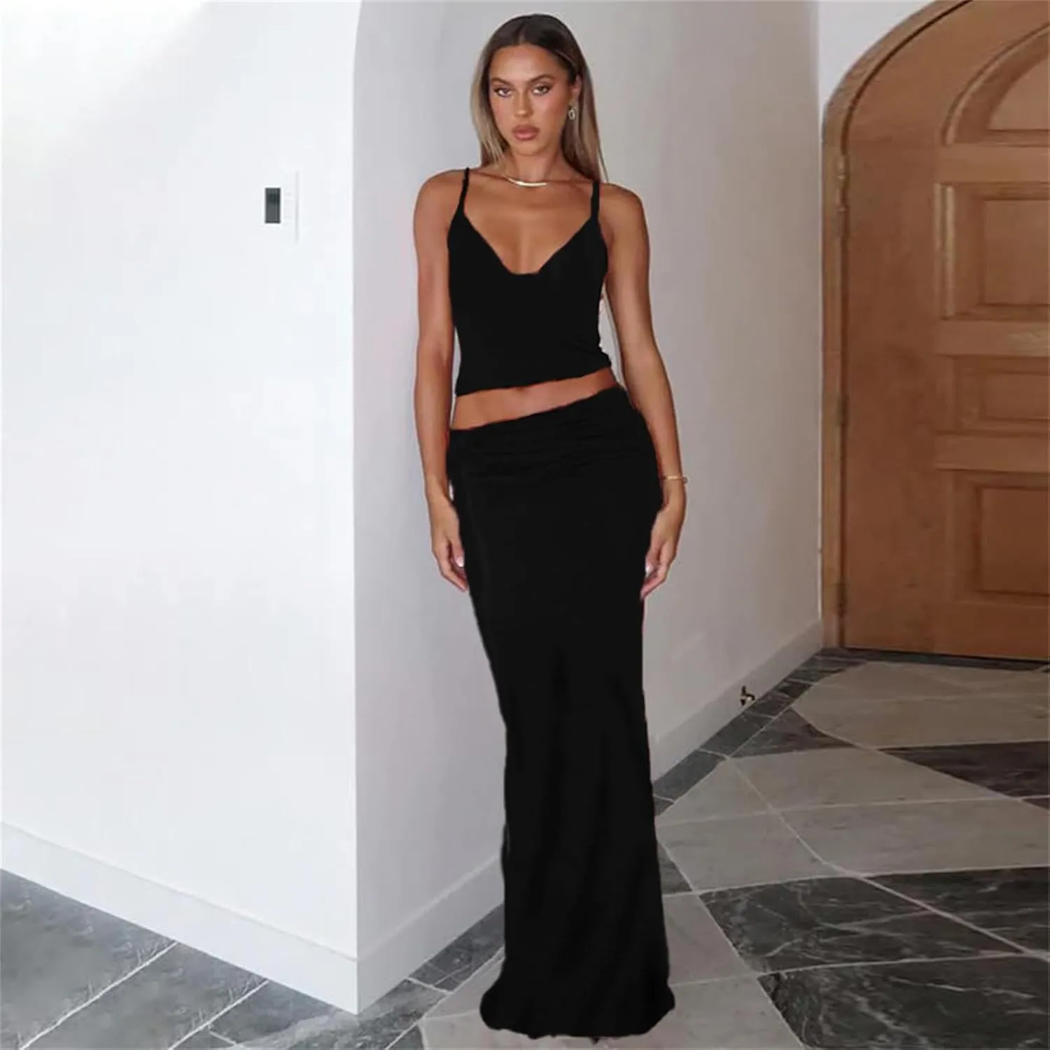 ksotutm Maxi Skirt Set Floral Print Halter Top Maxi Skirt Sexy Going Out Outfits for Women