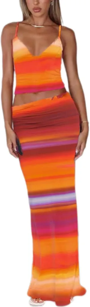 ksotutm Maxi Skirt Set Floral Print Halter Top Maxi Skirt Sexy Going Out Outfits for Women