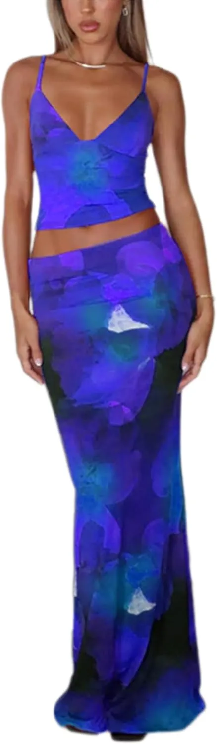 ksotutm Maxi Skirt Set Floral Print Halter Top Maxi Skirt Sexy Going Out Outfits for Women