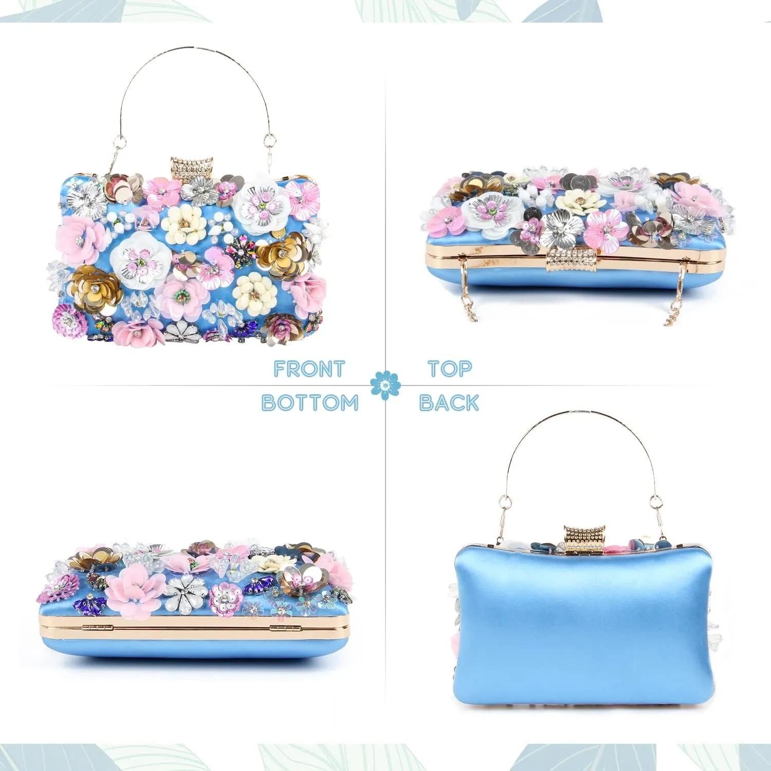KUANG! Women's Floral Flower Evening Handbags Colorful Rhinestone Clutch Purses Floral Bride Wedding Chain Shoulder Bag