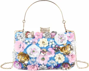 KUANG! Women's Floral Flower Evening Handbags Colorful Rhinestone Clutch Purses Floral Bride Wedding Chain Shoulder Bag