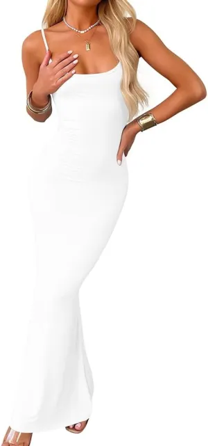 LAGSHIAN Women's Summer Casual Slip Maxi Dress Sexy Spaghetti Strap Bodycon Long Dresses