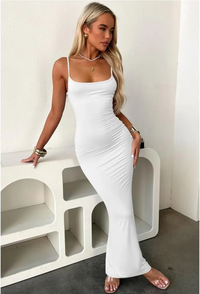 LAGSHIAN Women's Summer Casual Slip Maxi Dress Sexy Spaghetti Strap Bodycon Long Dresses