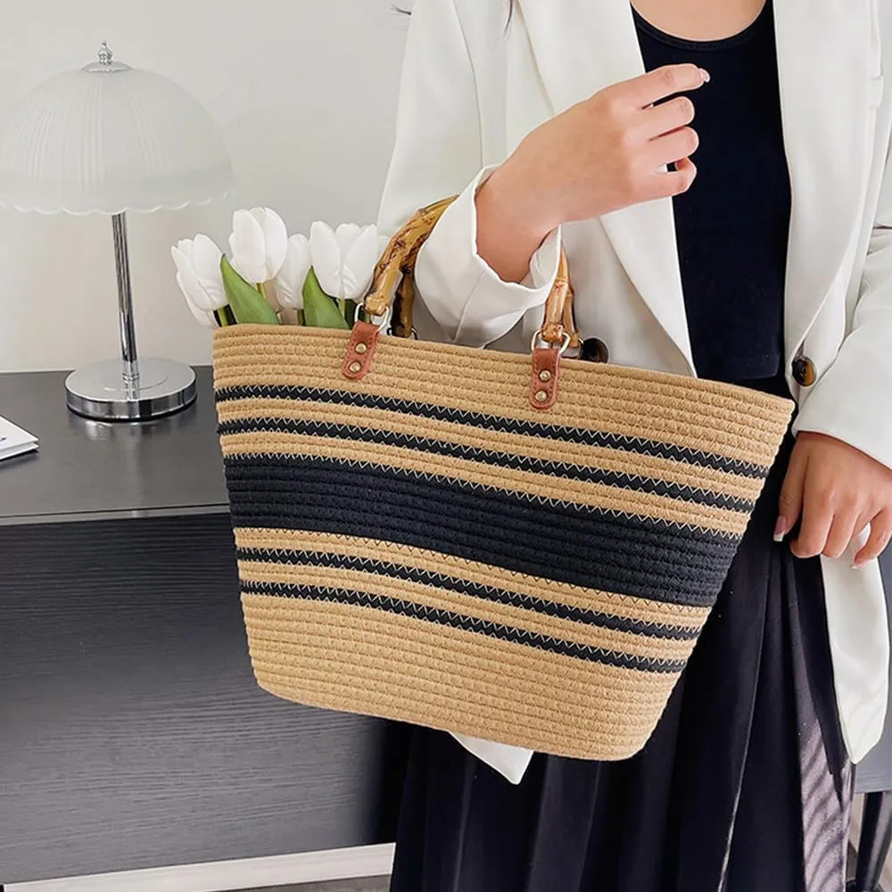 Large Capacity Tote Bag for Women Hand-Woven Straw Bag with Plastic Handle Woven Summer Tote Handbag Travel Beach