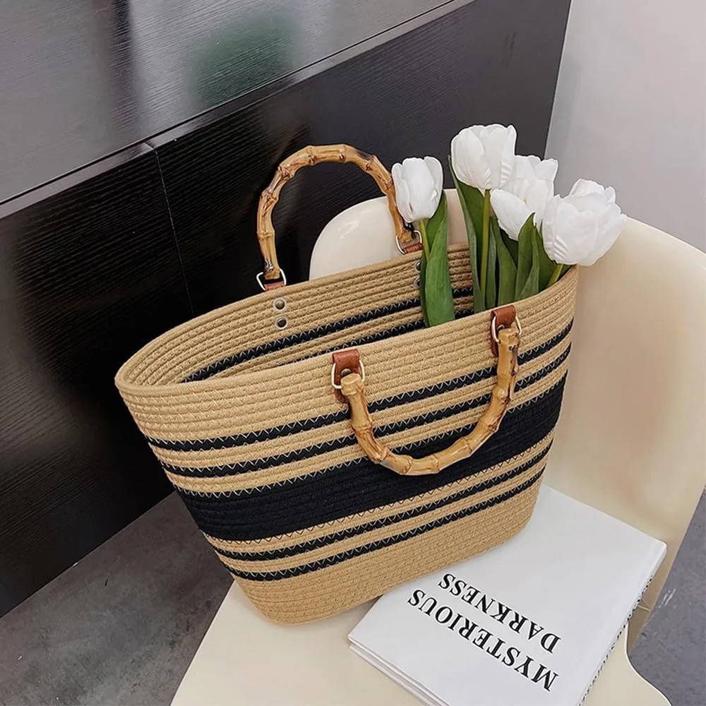 Large Capacity Tote Bag for Women Hand-Woven Straw Bag with Plastic Handle Woven Summer Tote Handbag Travel Beach