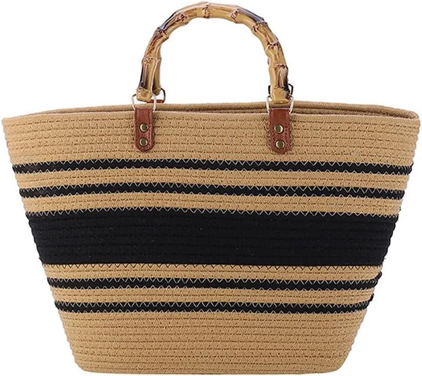 Large Capacity Tote Bag for Women Hand-Woven Straw Bag with Plastic Handle Woven Summer Tote Handbag Travel Beach