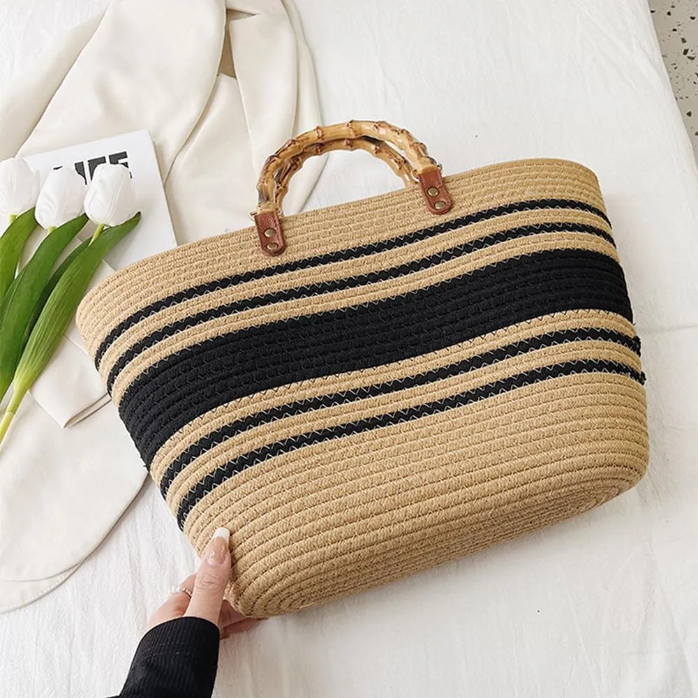 Large Capacity Tote Bag for Women Hand-Woven Straw Bag with Plastic Handle Woven Summer Tote Handbag Travel Beach