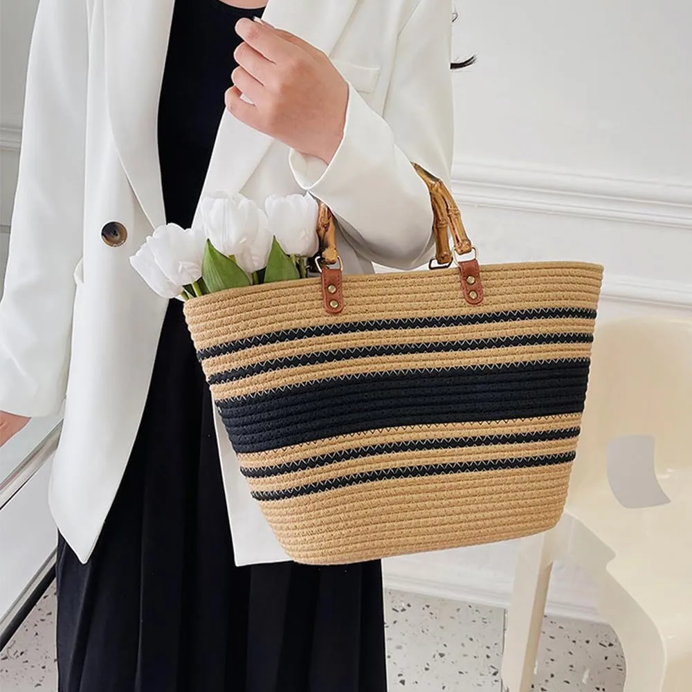 Large Capacity Tote Bag for Women Hand-Woven Straw Bag with Plastic Handle Woven Summer Tote Handbag Travel Beach