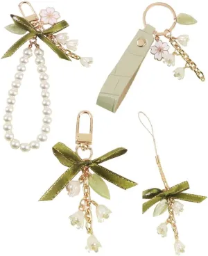 Leadigol Lilies of The Valley Flower Key Chain Mobile Phone Lanyard Pearl Beaded Phone Lanyard Wrist Strap Anti Lost Phone Charm Strap Key Chains Accessories for Women