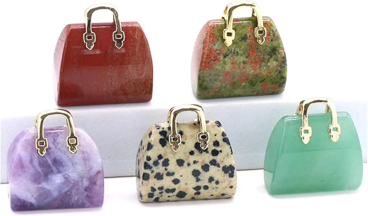 LHJ 5 Pcs Natural Stone Pendants Ornament Women Handbag Unique Shape Crystal Jsaper Stone Charms for Jewelry Making Necklace Earrings Decoration