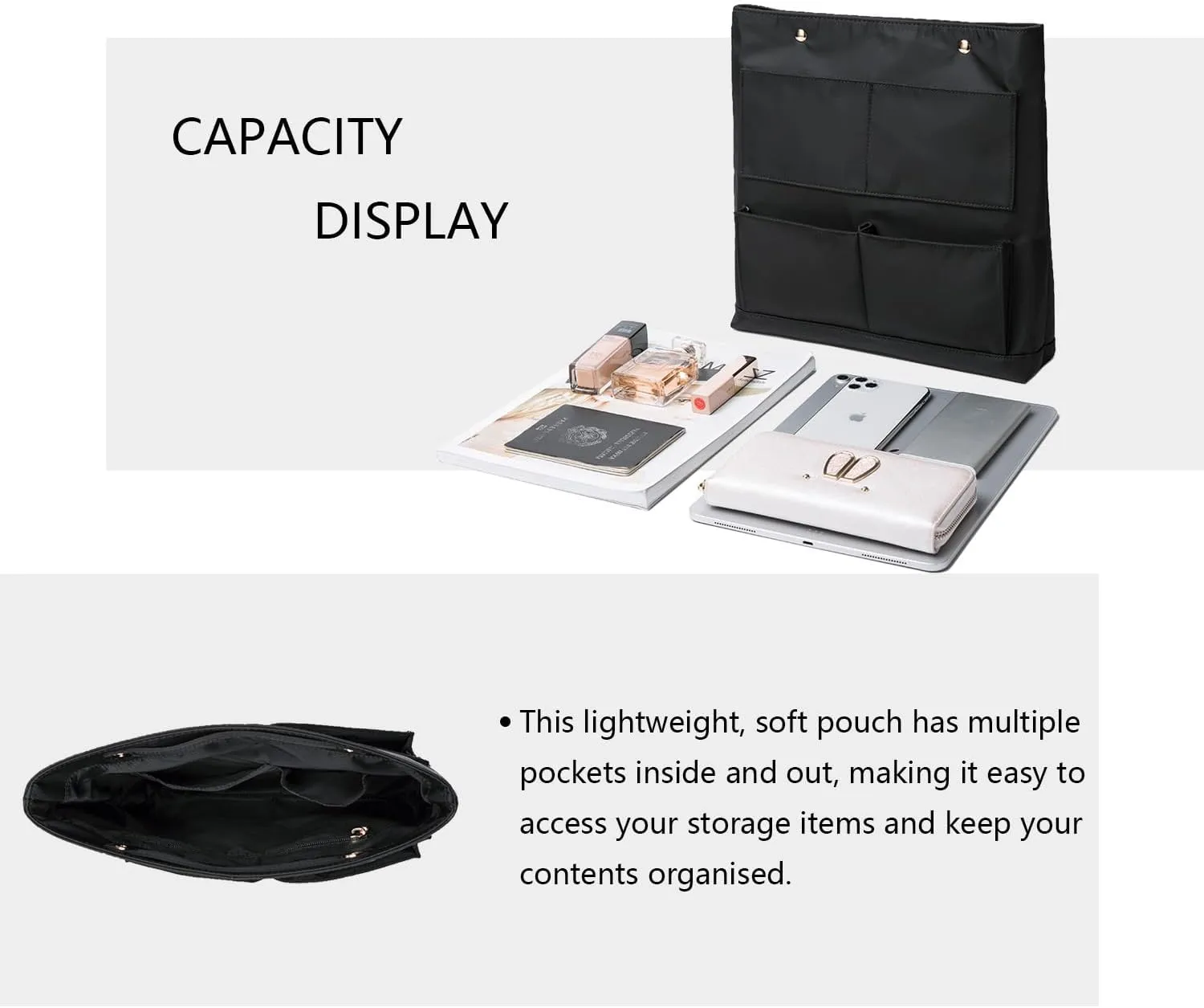 Lightweight Handbag Organizers Insert with Multiple Pockets - Handbag Organizer for Storage and Organization, Cosmetic Bag (Nylon-black,L)