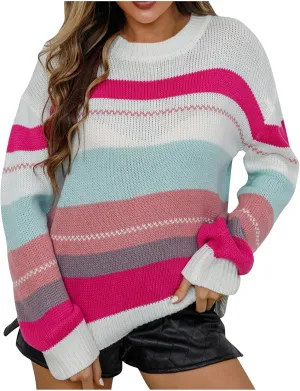 Lightweight Sweaters for Women 2024 Trendy Oversized Long Sleeve Crewneck Color Block Knitted Pullover Sweater