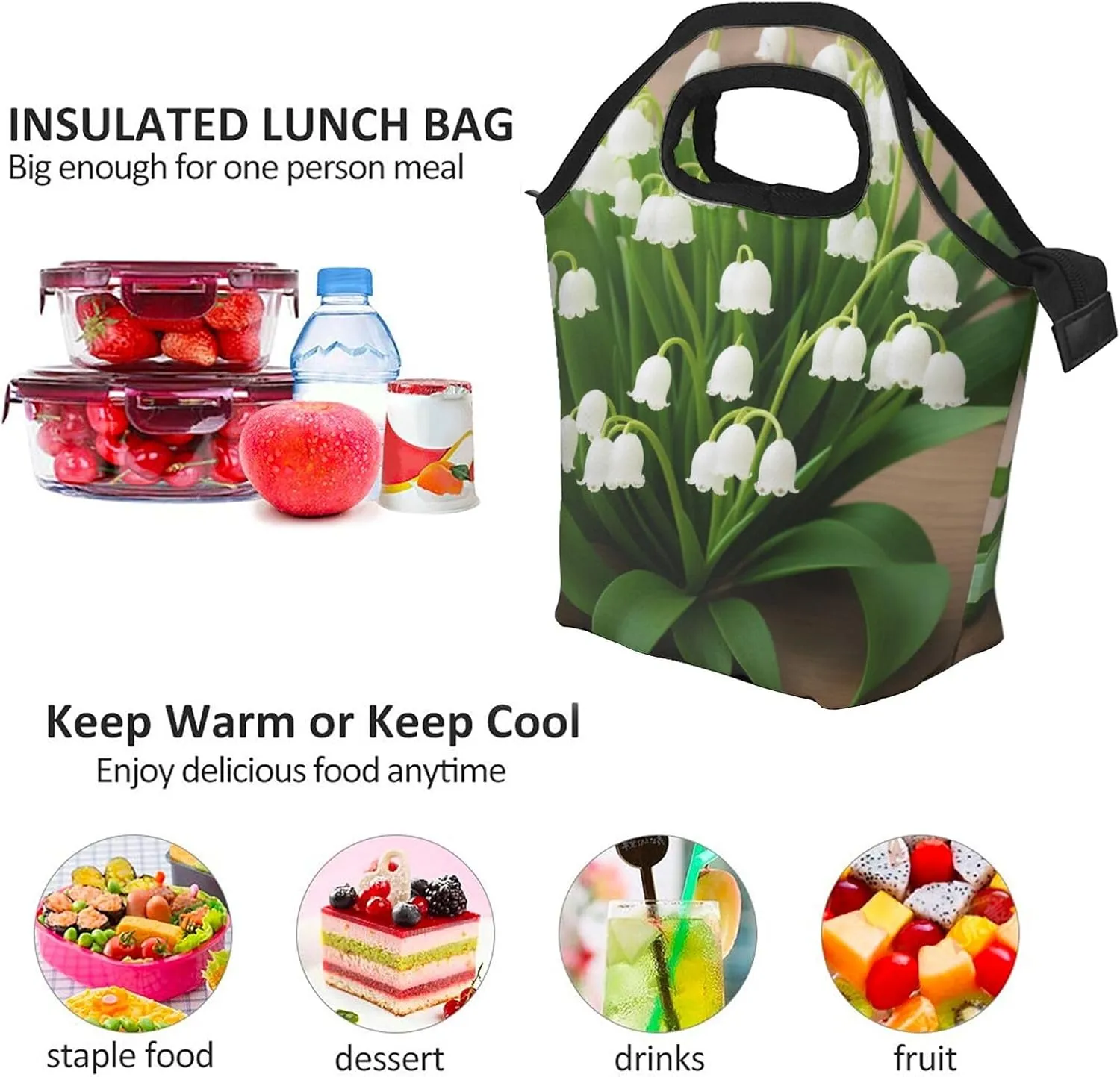 Lilies Of The Valley Lunch Bag Insulated Reusable Small Lunch Bag Soft Lunch Tote Bag For Work Travel Picnic