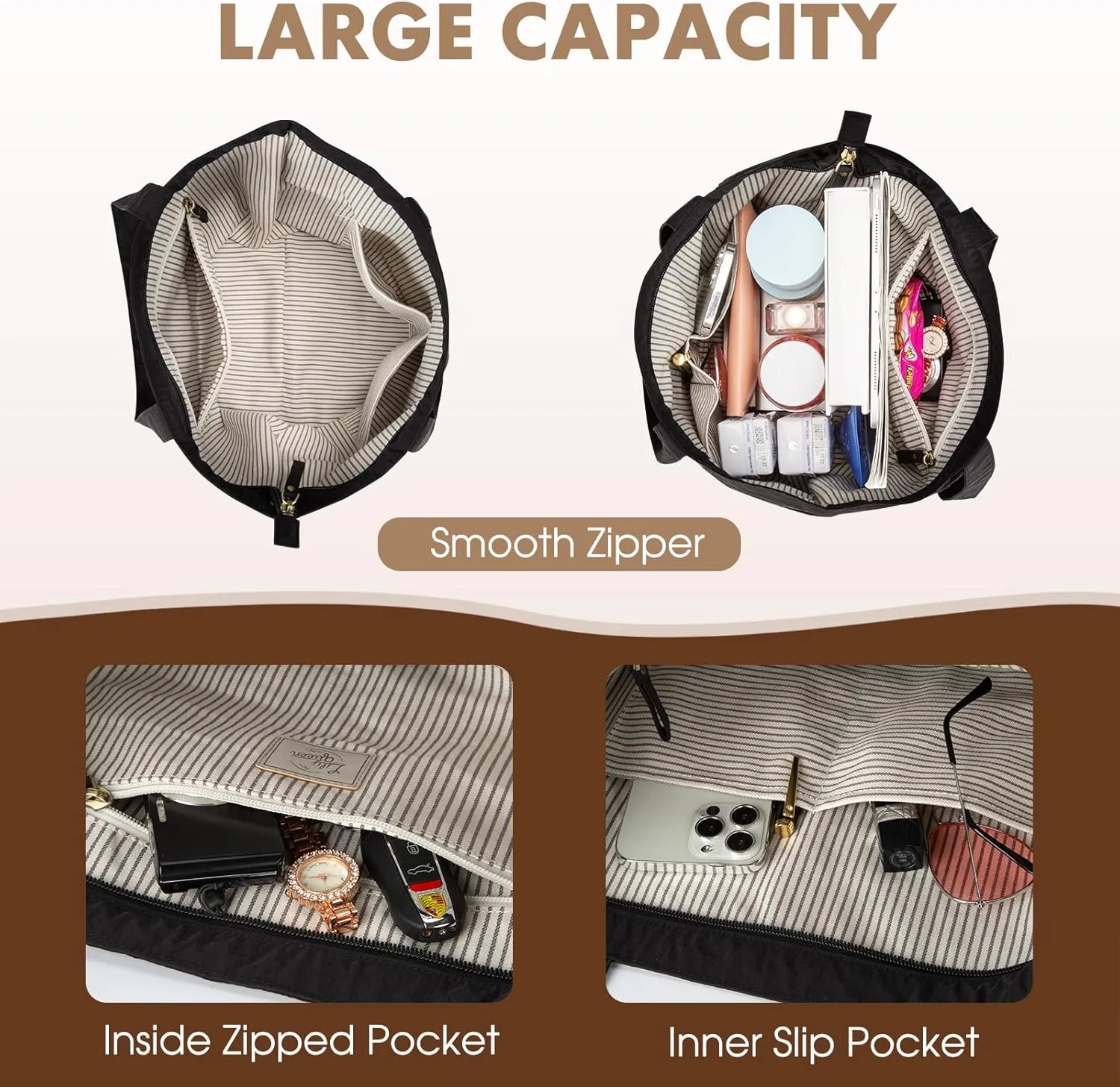 Lily queen Tote Bag for Women Lightweight Shoulder Bag with Zipper Large Travel Handbags Pockets