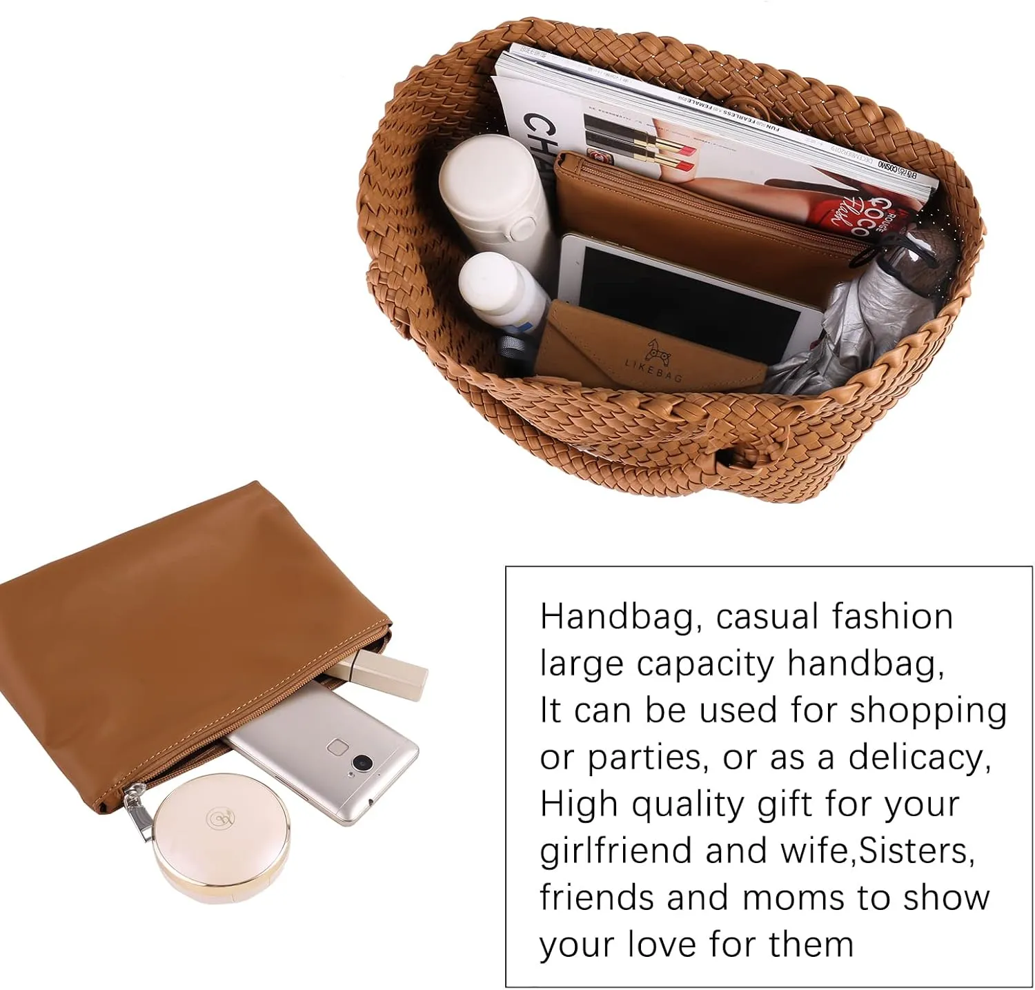 LMKIDS Woven Bag for Women, Vegan Leather Tote Bag Large Summer Beach Travel Handbag and Purse Retro Handmade Shoulder Bag