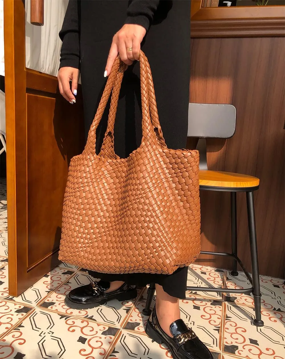LMKIDS Woven Bag for Women, Vegan Leather Tote Bag Large Summer Beach Travel Handbag and Purse Retro Handmade Shoulder Bag