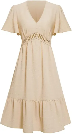Loose Hollow Pleated Ruffle Sleeve Midi Dress Short Sleeved Dot V Neck A-Line Beach Dress