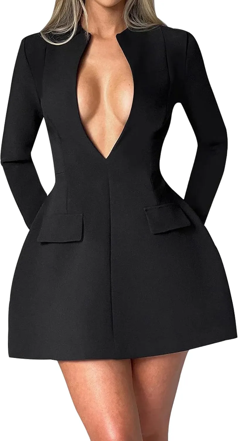 LuFeng Women's Long Sleeve Sexy Deep V Neck Zipper A-line Mini Dress Hollow Bodycon Night Out Party Dress