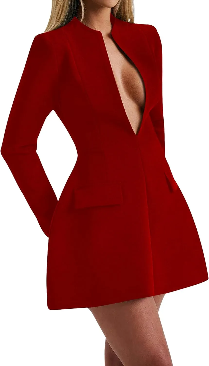 LuFeng Women's Long Sleeve Sexy Deep V Neck Zipper A-line Mini Dress Hollow Bodycon Night Out Party Dress