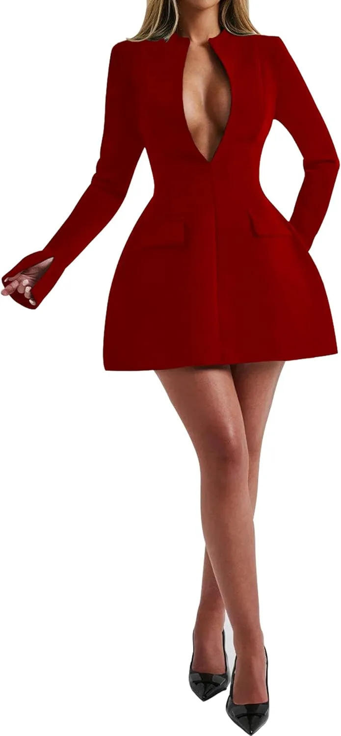 LuFeng Women's Long Sleeve Sexy Deep V Neck Zipper A-line Mini Dress Hollow Bodycon Night Out Party Dress