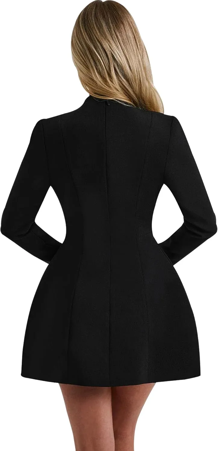 LuFeng Women's Long Sleeve Sexy Deep V Neck Zipper A-line Mini Dress Hollow Bodycon Night Out Party Dress