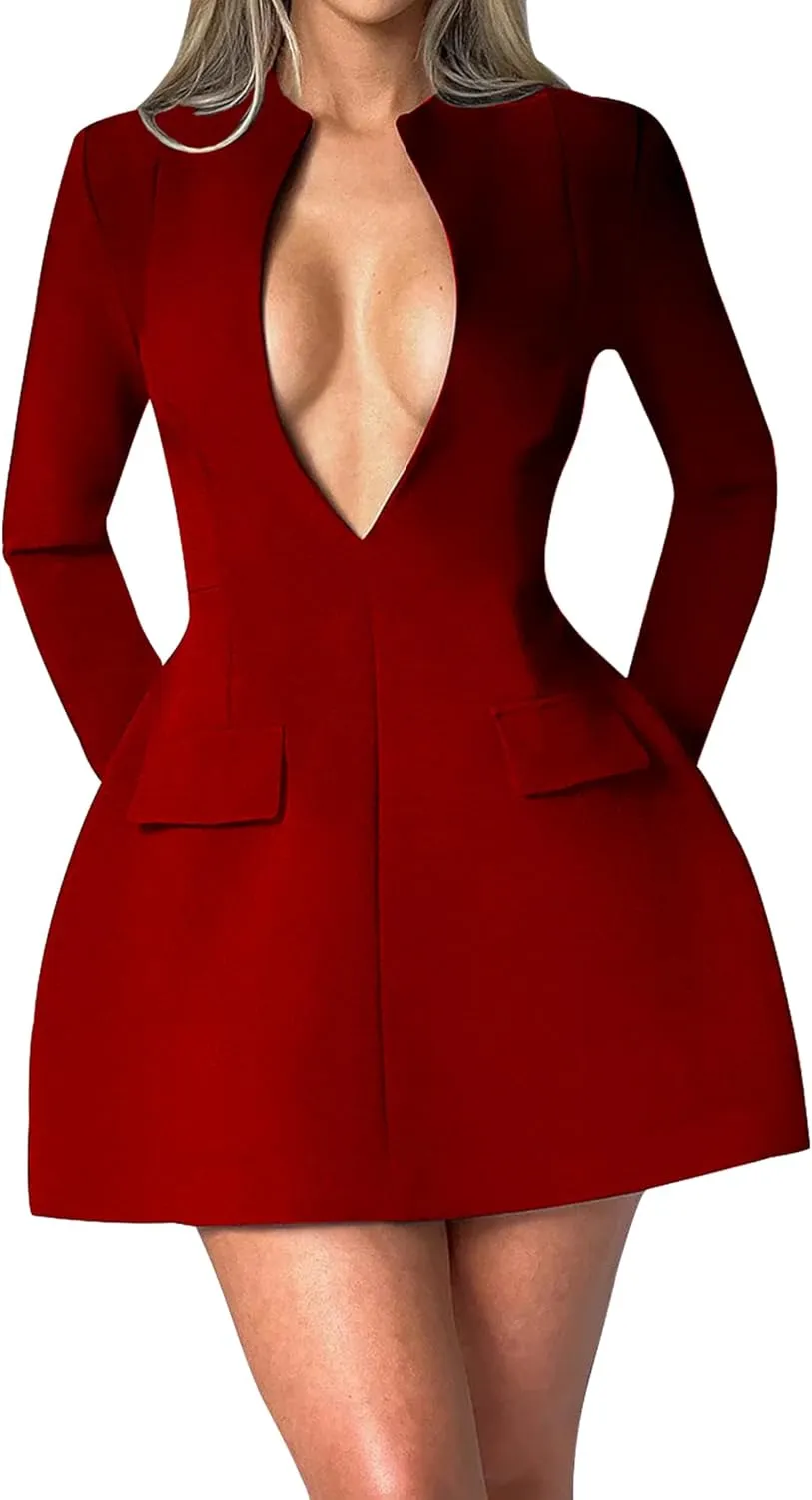 LuFeng Women's Long Sleeve Sexy Deep V Neck Zipper A-line Mini Dress Hollow Bodycon Night Out Party Dress
