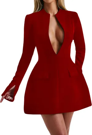 LuFeng Women's Long Sleeve Sexy Deep V Neck Zipper A-line Mini Dress Hollow Bodycon Night Out Party Dress