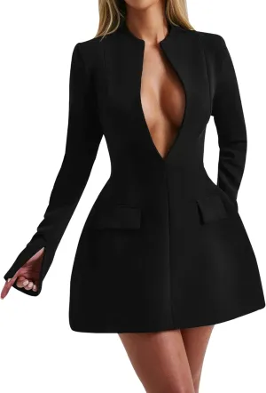 LuFeng Women's Long Sleeve Sexy Deep V Neck Zipper A-line Mini Dress Hollow Bodycon Night Out Party Dress