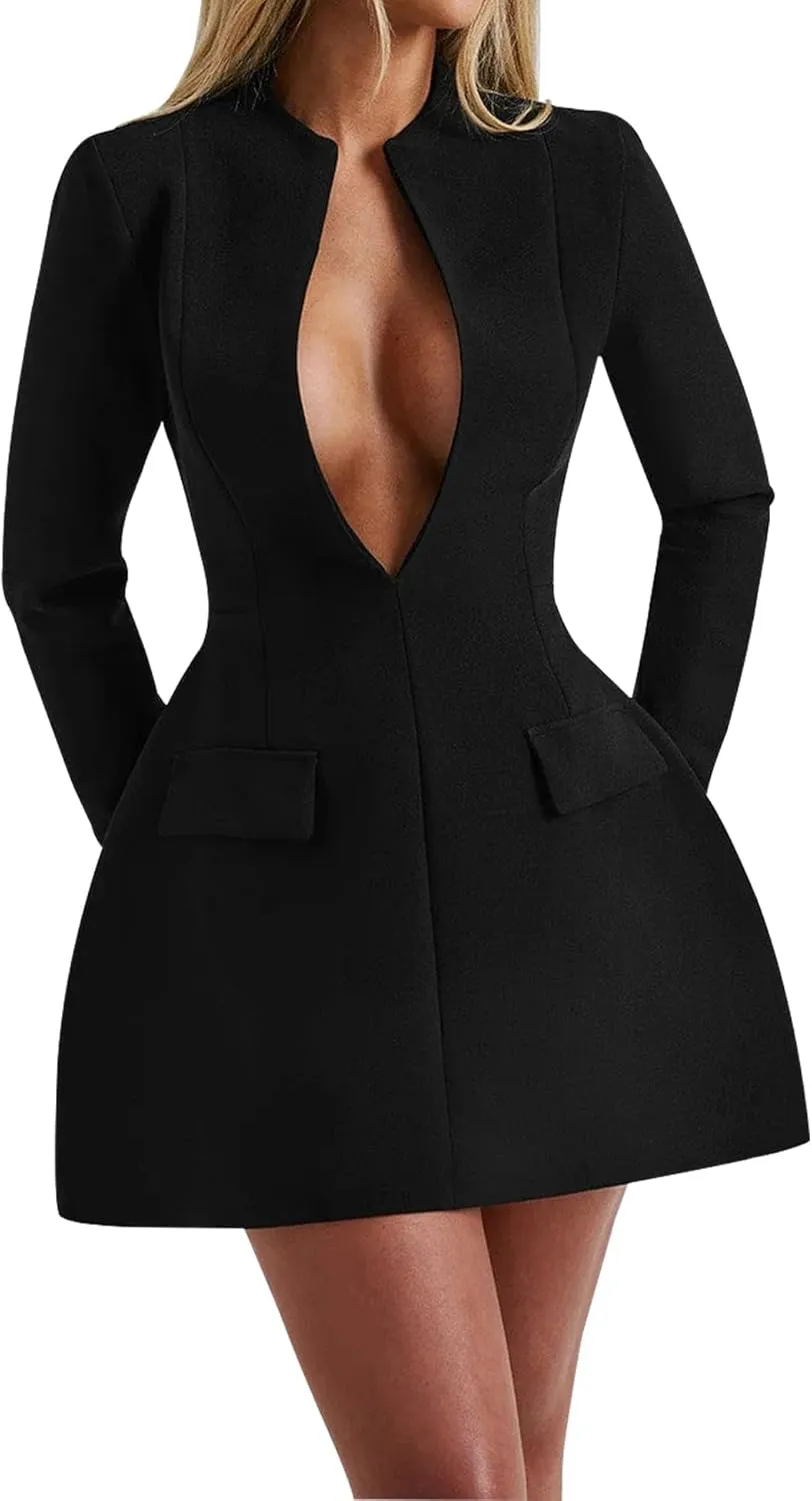 LuFeng Women's Long Sleeve Sexy Deep V Neck Zipper A-line Mini Dress Hollow Bodycon Night Out Party Dress