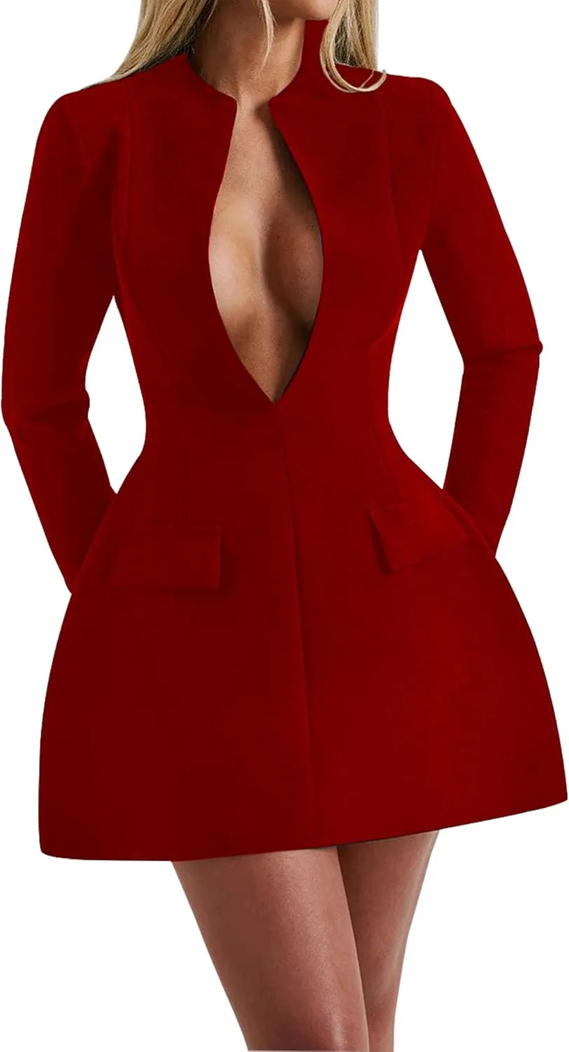 LuFeng Women's Long Sleeve Sexy Deep V Neck Zipper A-line Mini Dress Hollow Bodycon Night Out Party Dress