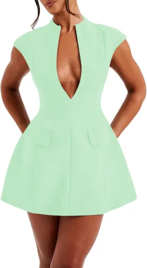 LuFeng Women's Summer Sexy Cap Sleeve Deep V Neck Zipper A-line Mini Dress Hollow Bodycon Night Out Party Dress
