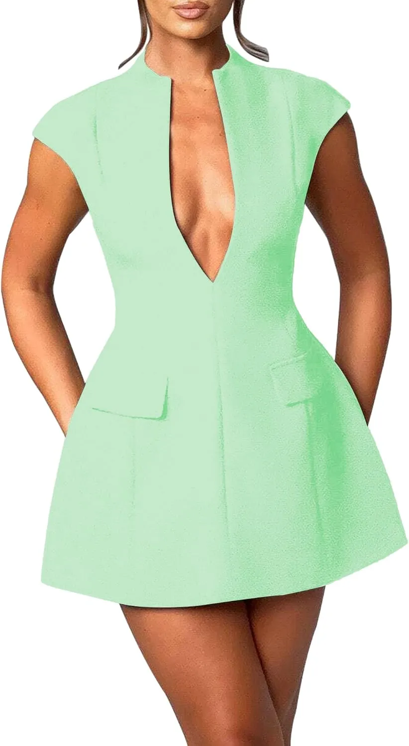 LuFeng Women's Summer Sexy Cap Sleeve Deep V Neck Zipper A-line Mini Dress Hollow Bodycon Night Out Party Dress